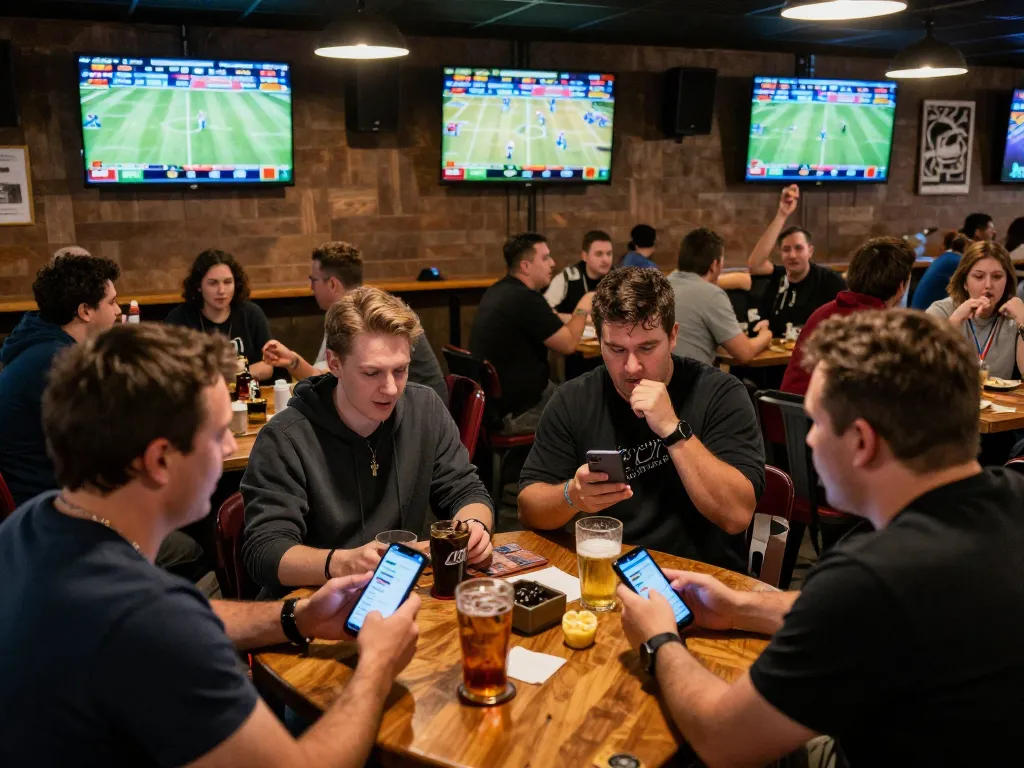 Engaged fans analyzing tỷ lệ kèo nhà cái hôm nay while placing bets in a lively sports bar.