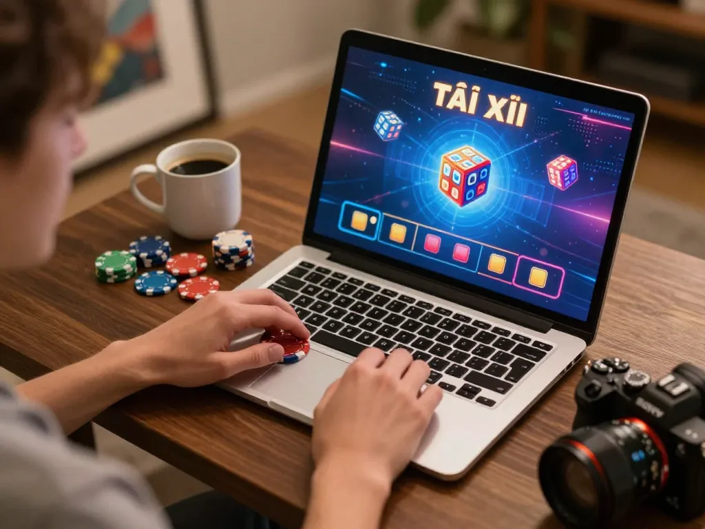 Tài xỉu online uy tín featuring dynamic gameplay on a laptop with animated dice, emphasizing strategy and engagement