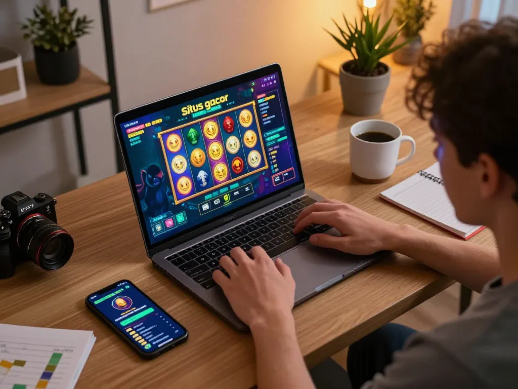 Engaging in situs gacor online gameplay on a sleek laptop while sipping coffee in a stylish home office.