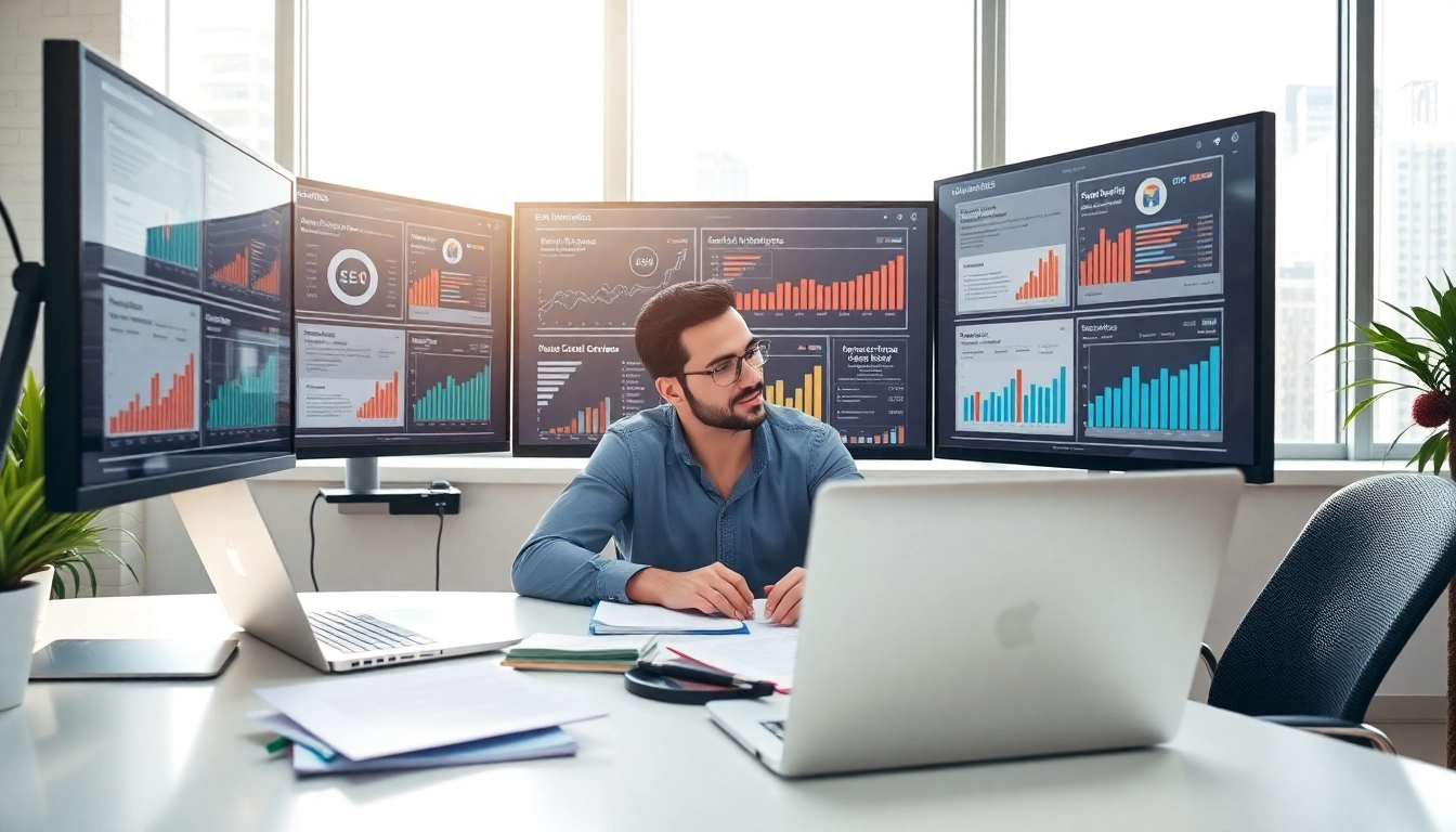Implement edmonton seo strategies in a vibrant office, showcasing data-driven marketing.