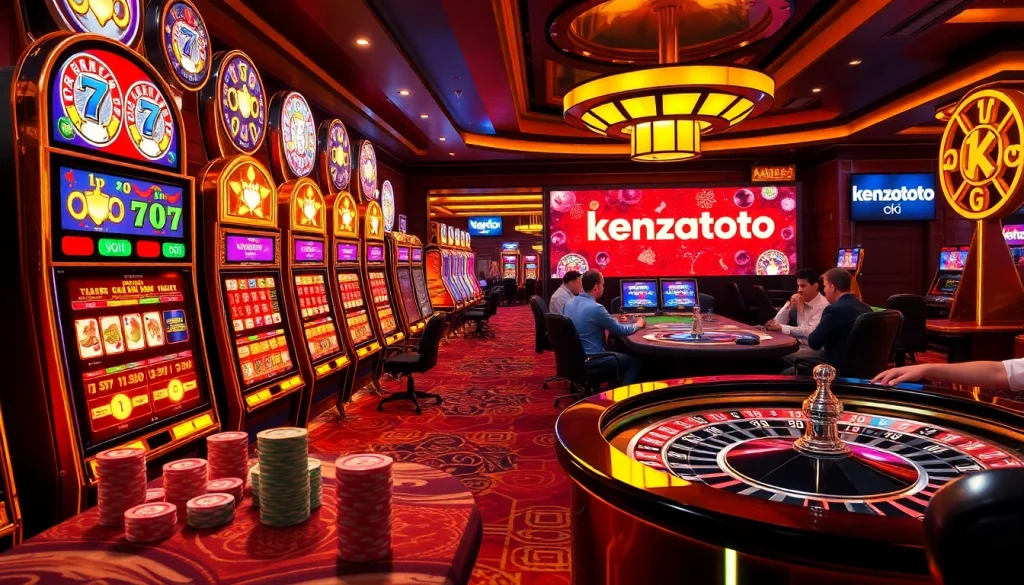 Kenzototo players experiencing excitement at a luxury online gambling venue with slot machines and poker tables.