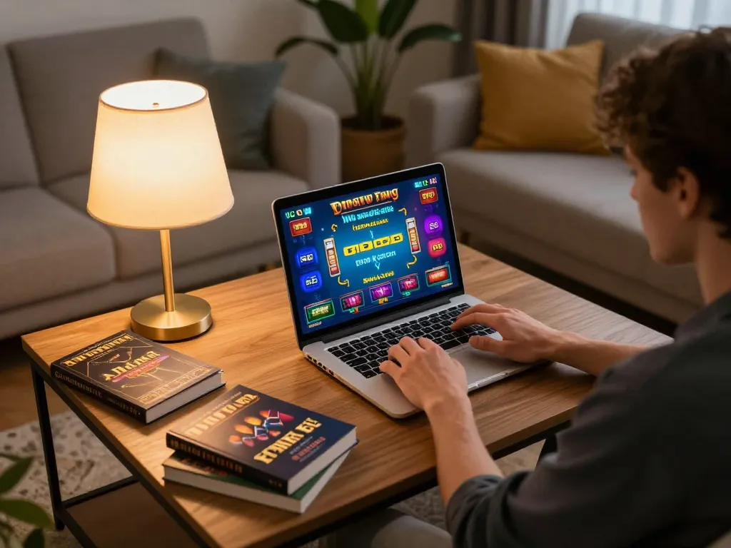 Person enjoying online games at https://m-100cuci.net/ in a cozy living room with warm lighting.