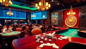 Experience the excitement of FC88 with a vibrant casino scene showcasing poker tables and roulette wheels.