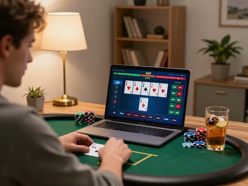 NK88 player enjoying an online poker game with colorful chips and strategic betting.