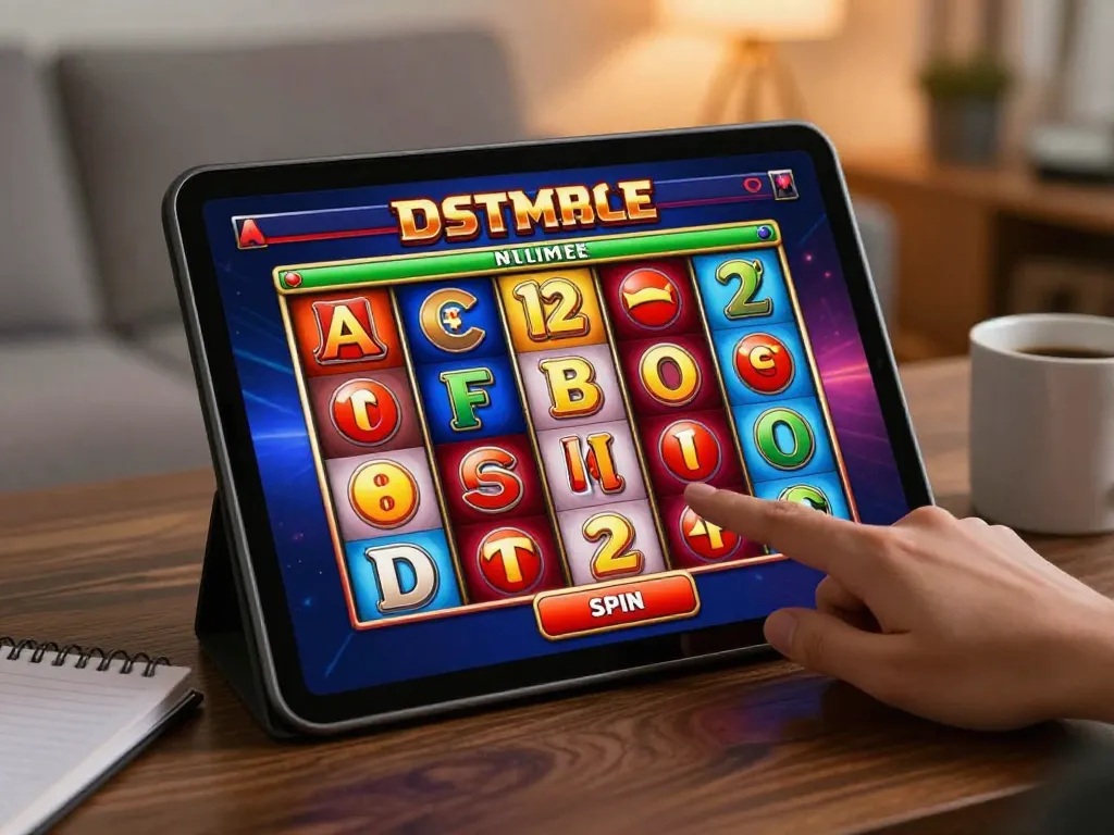 Engaging slot gameplay on a tablet in a cozy living room, showcasing colorful reels.