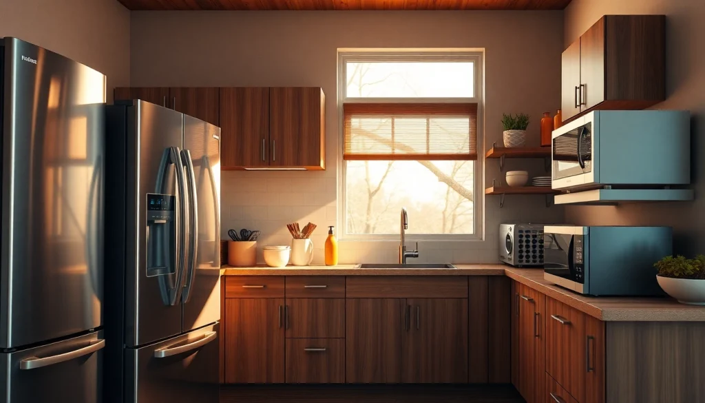 Showcase of home appliances in a modern kitchen featuring a sleek refrigerator and oven.