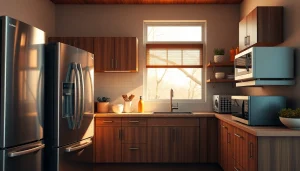 Showcase of home appliances in a modern kitchen featuring a sleek refrigerator and oven.