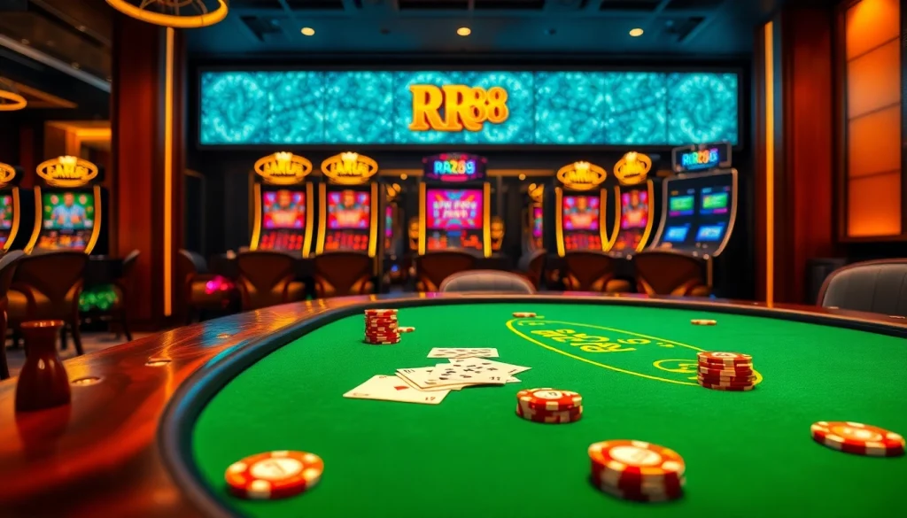 RR88 poker table with vibrant chips and cards in an inviting casino setting.