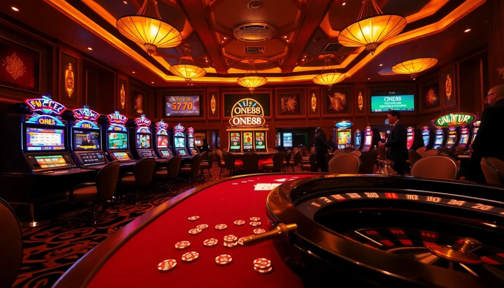 Experience luxury gambling at ONE88 with vibrant slot machines, an exciting poker game, and a lively roulette wheel.