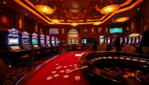 Experience luxury gambling at ONE88 with vibrant slot machines, an exciting poker game, and a lively roulette wheel.