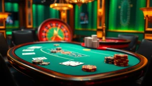 Vivez l'excitation du casino en ligne argent réel avec une scène de poker dynamique mettant en avant une action à enjeux élevés.