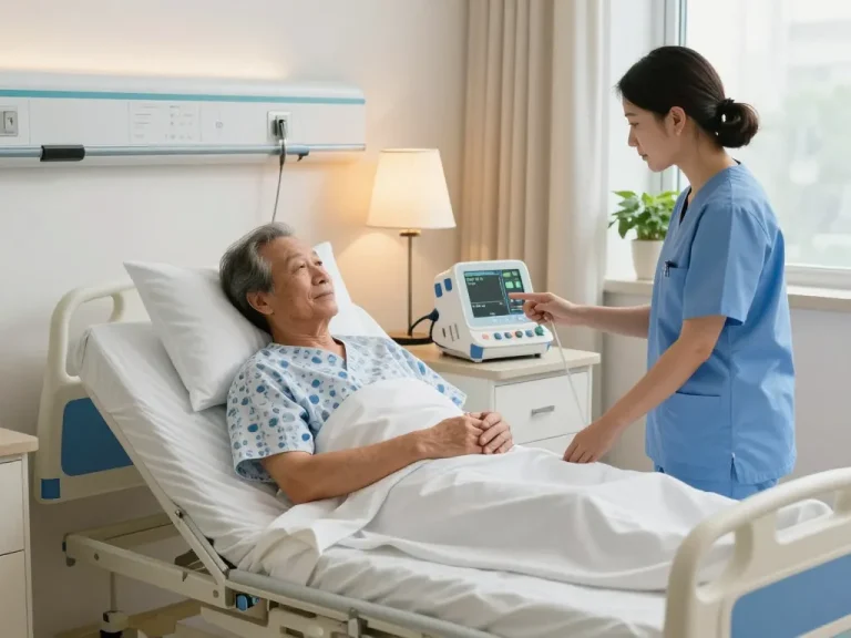 Modern giường bệnh nhân in a warm hospital room with a caregiver checking on elderly patient.