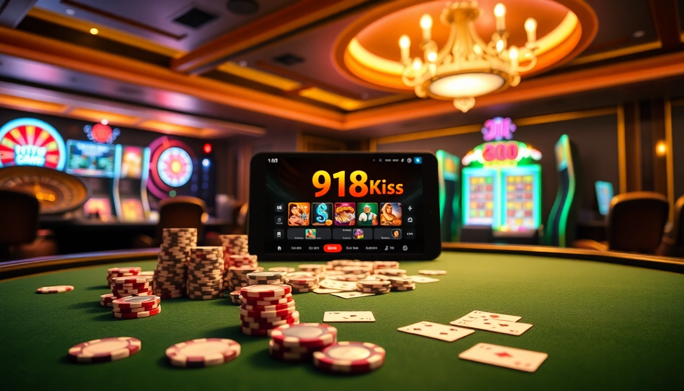 Play casino games on https://kiss918-ori.app with an upscale table and vibrant slot game graphics.