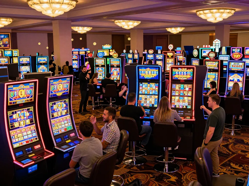 Players celebrating wins on slot777 machines in a vibrant casino atmosphere