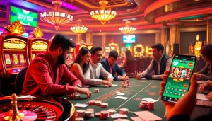 Une scène de casino en ligne argent réel palpitante mettant en scène des joueurs autour d'une table de poker, présentant des machines à sous vibrantes et une roue de roulette.