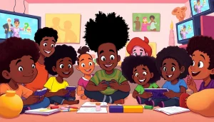 A colorful illustration of diverse African American Cartoons characters enjoying creativity and fun activities.