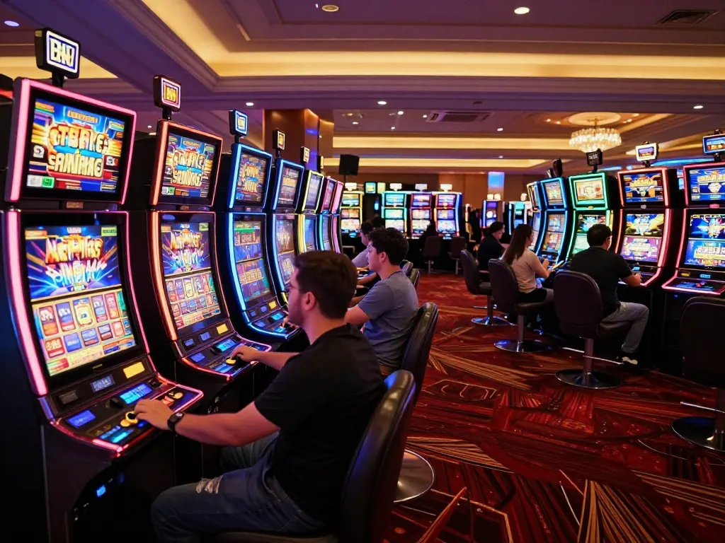Players engaging with slot machines, celebrating wins in a vibrant casino setting
