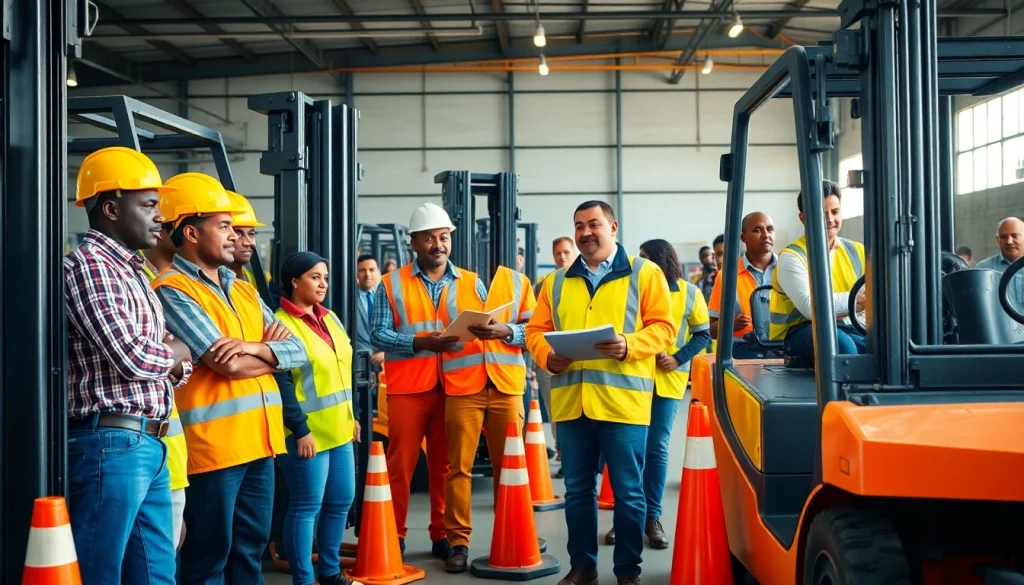 Hands-on forklift training in Durban, showcasing diverse learners engaged with forklifts in a professional setting.