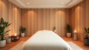 편안한 분위기와 자연 장식이 있는 마사지 치료실