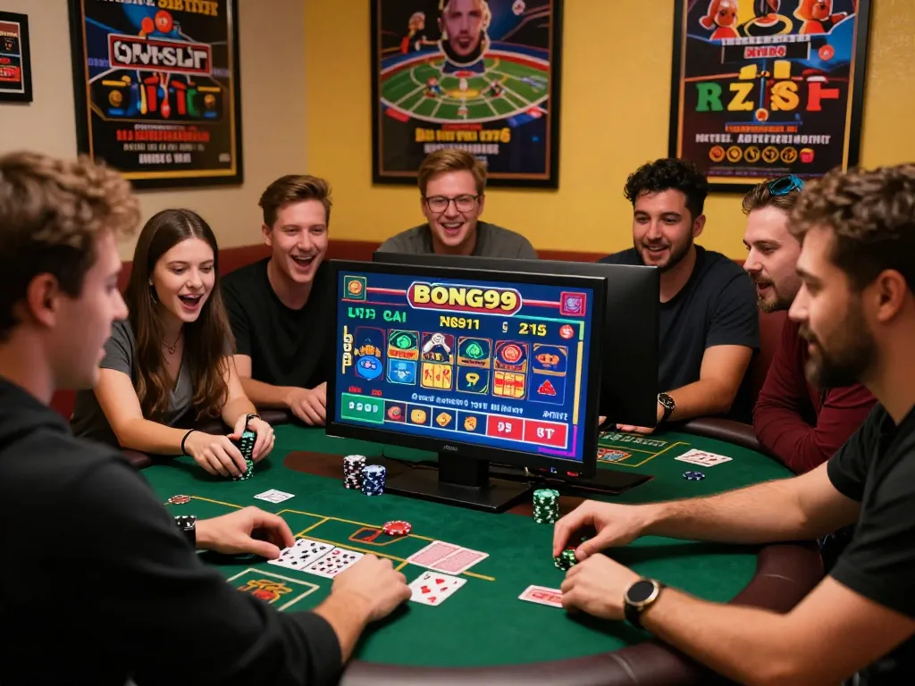 Friends engaging in online betting at Bong99, showcasing excitement and camaraderie.