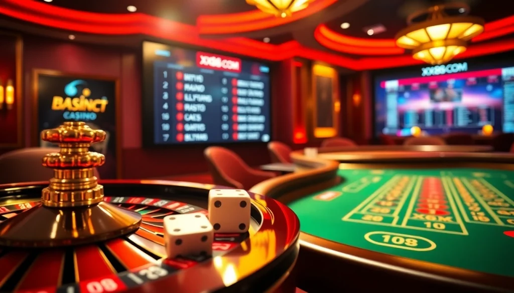 Exciting gambling scene at xx88com featuring roulette wheel and poker chips.