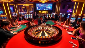 Exciting players engaging with MM88 in a luxury casino setting with roulette and slot machines.