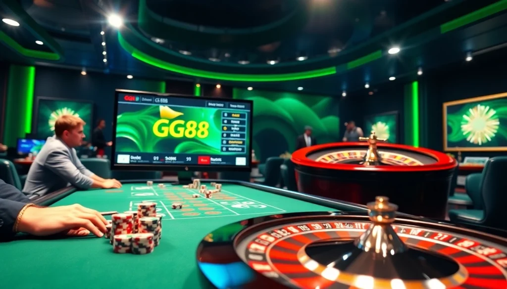 GG88 poker players enjoying high stakes at a luxurious casino table illuminated by dazzling lights.