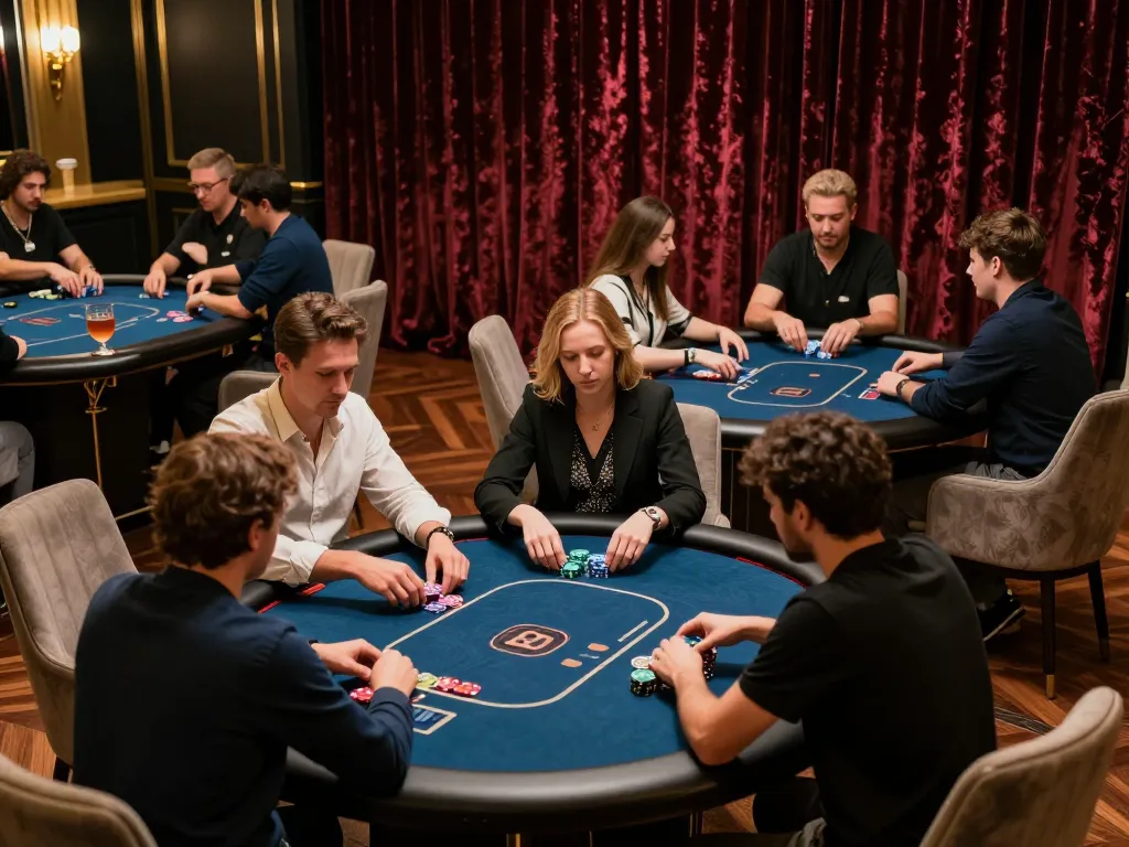 Thabet players enjoying an intense game at a luxurious poker table in a high-end casino.