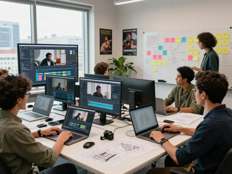 Team collaborating on video to prompt analysis, showcasing detailed AI-generated prompts and creative workspace.