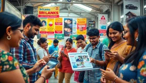 Sri Lanka Ads showcased in a vibrant marketplace scene with diverse people engaging online.