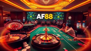 Exciting casino gaming scene showcasing AF88 online gambling with roulette, cards, and chips.