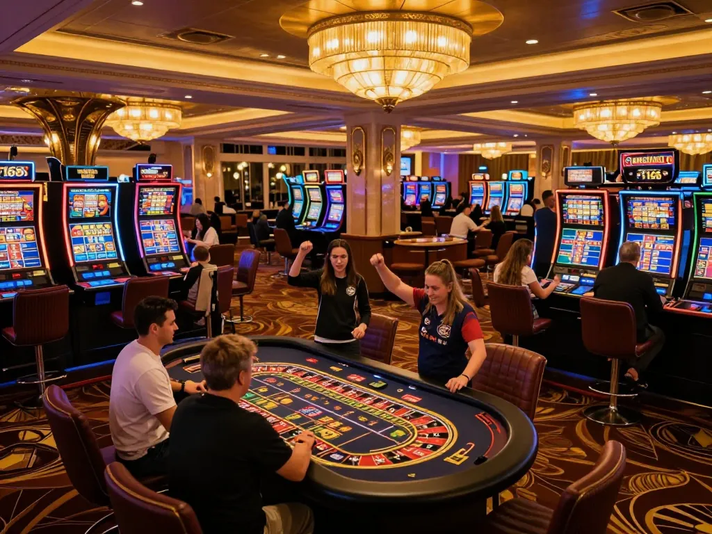 Players enjoying the vibrant atmosphere at F168 casino, capturing excitement at the slot machines.