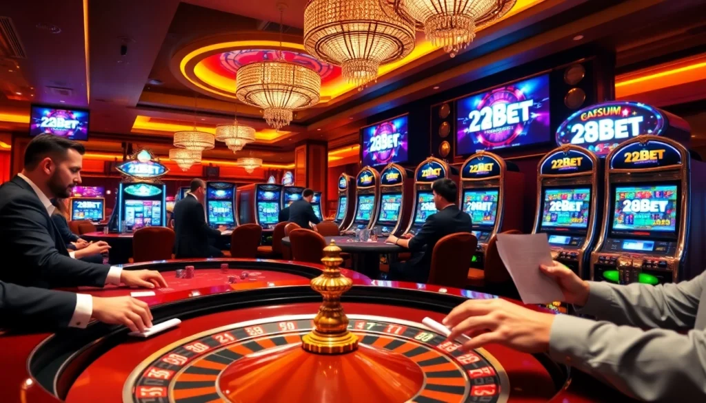 Exciting casino scene with roulette table and live poker game showcasing 28BET atmosphere.
