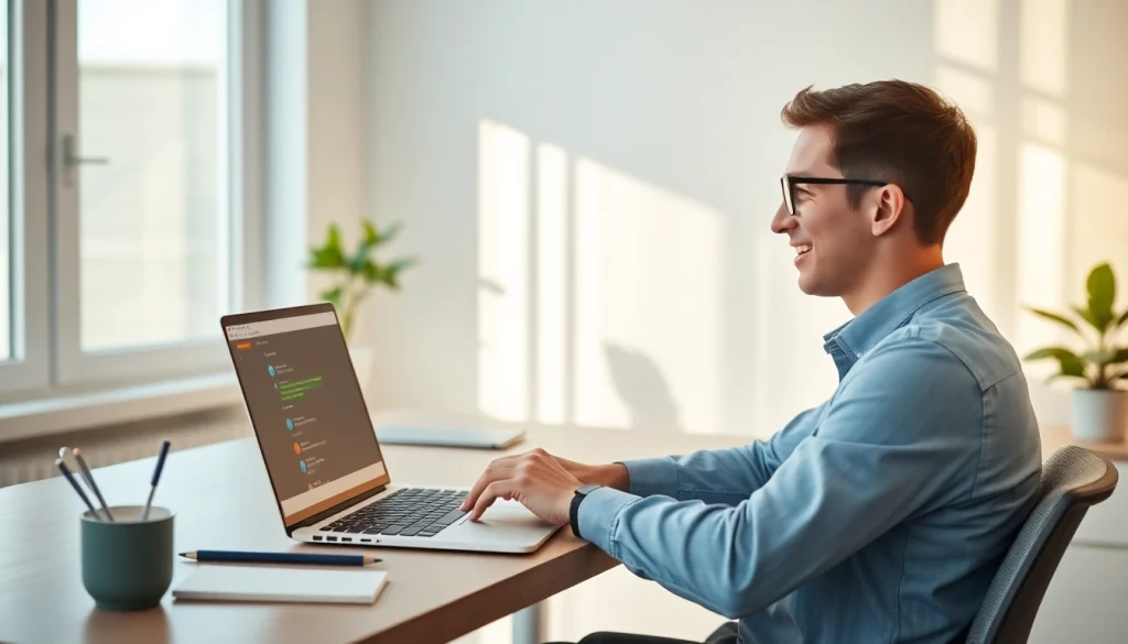 Engaged young professional using WhatsApp Web on a laptop in a bright home office.