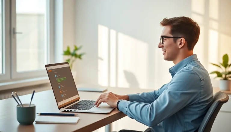 Engaged young professional using WhatsApp Web on a laptop in a bright home office.