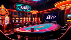 Engage with Đăng Nhập Nhà Cái 68VIP at an extravagant online casino table filled with vibrant lights and games.