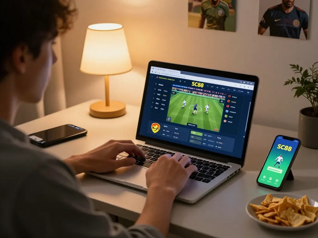 Engaging user placing bets on SC88 sports interface during a cozy home gaming session.