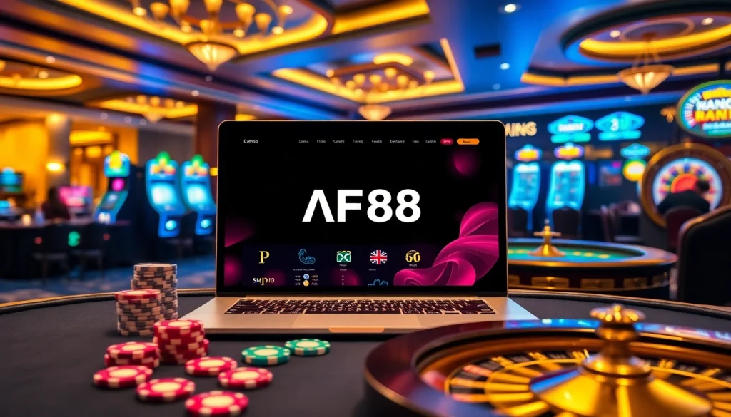Engaging gamblers with AF88 online gaming interface amidst vibrant casino atmosphere