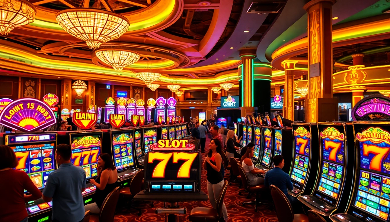 Menang besar di mesin slot 777 dengan suasana kasino yang meriah.