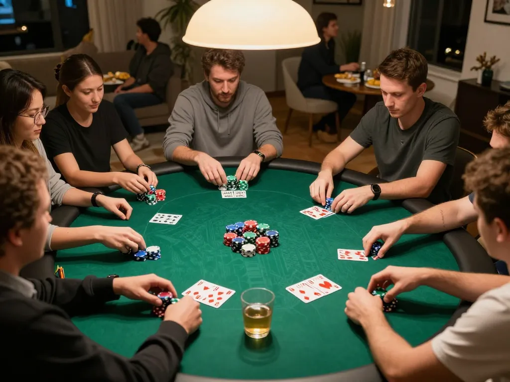 Players engaging in a strategic poker game at ManClub home gathering, showcasing camaraderie and excitement