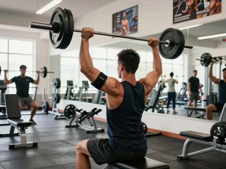 Man in shoulder brace for weightlifting exercising in an energetic gym.