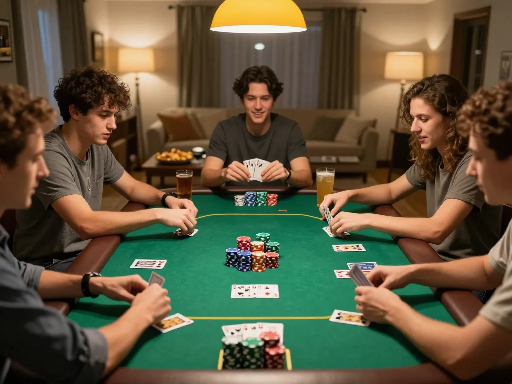 Players show winning hands during a friendly poker night at home, showcasing the engaging atmosphere of BL555 gaming.