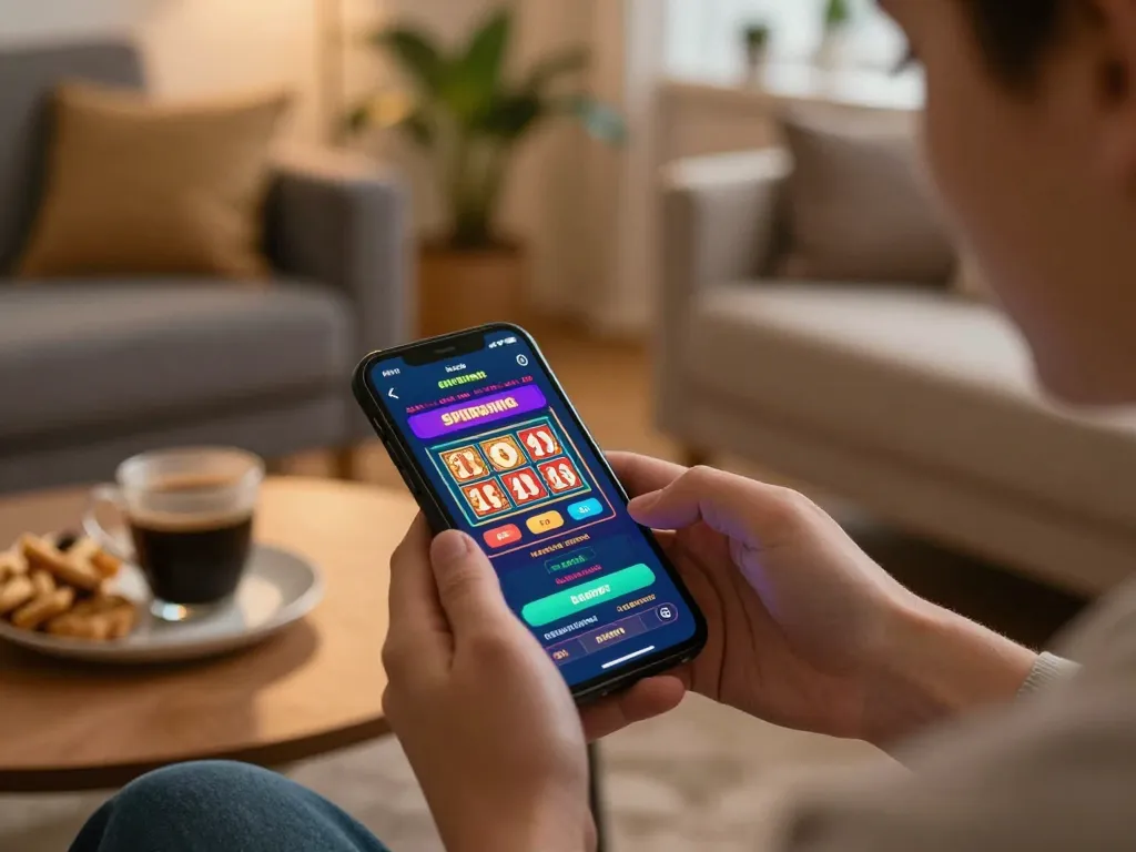 Engaging with the spinpanda online casino app on a smartphone in a cozy home setting.