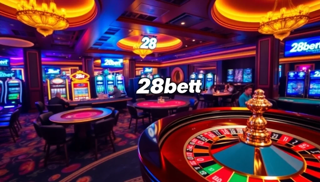 Players engage with 28bet at an exciting casino scene featuring roulette and poker games.