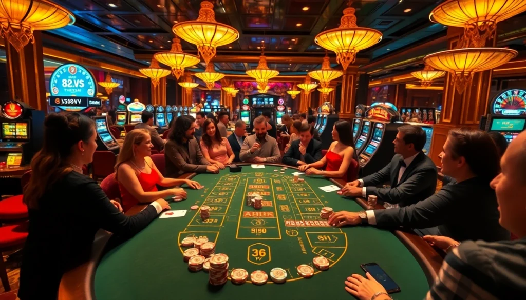 88VV players enjoy an exciting game at a luxurious casino table with vibrant decor.
