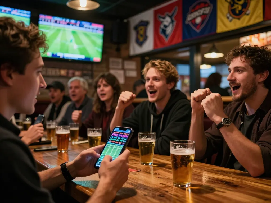 SBOBET user placing sports bets on smartphone while enjoying a lively atmosphere in a sports bar.