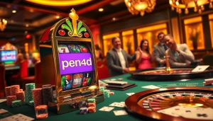 Play exciting games at the pen4d slot machine in a vibrant casino atmosphere with chips and cards.