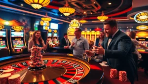 Players enjoying a thrilling casino experience at CM 88, with chips and cards at a vibrant gaming table.