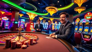 MAX88 casino scene featuring poker chips, cards, and a roulette wheel in a vibrant atmosphere.