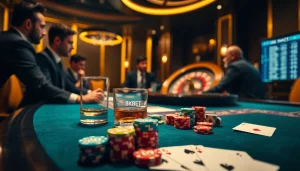 Experience thrilling poker action at 8KBET's luxurious casino featuring vibrant chips and a spinning roulette wheel.